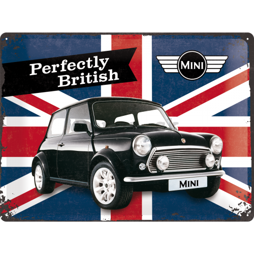 Plechová ceduľa – Mini Cooper (Perfectly British)