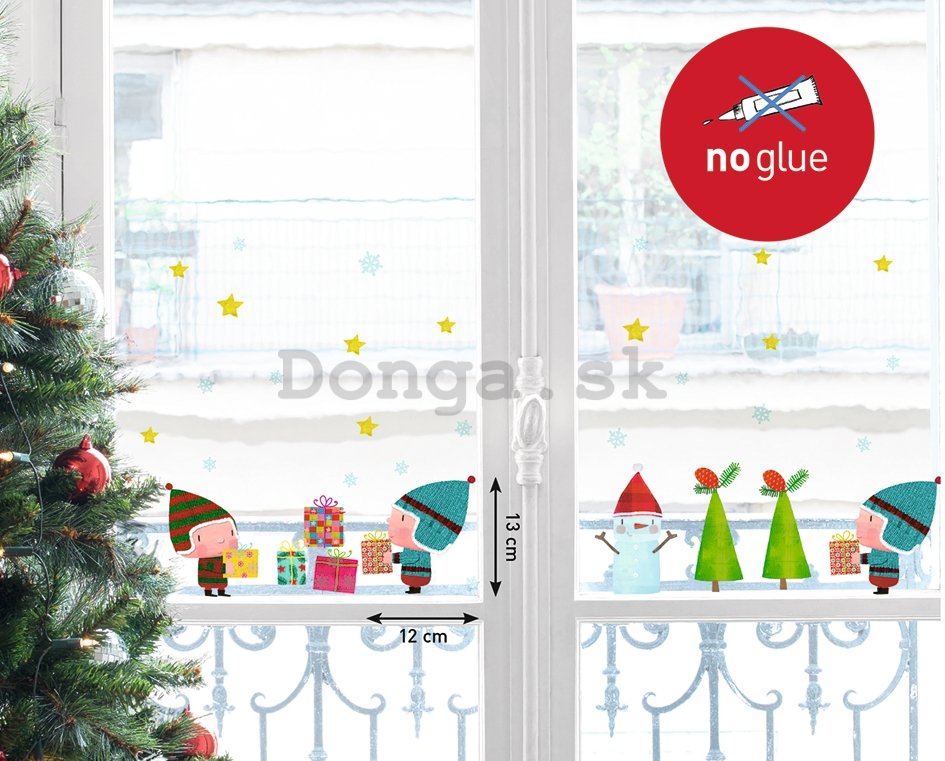 Vianočná samolepka na sklo - Elfovia s darčeky