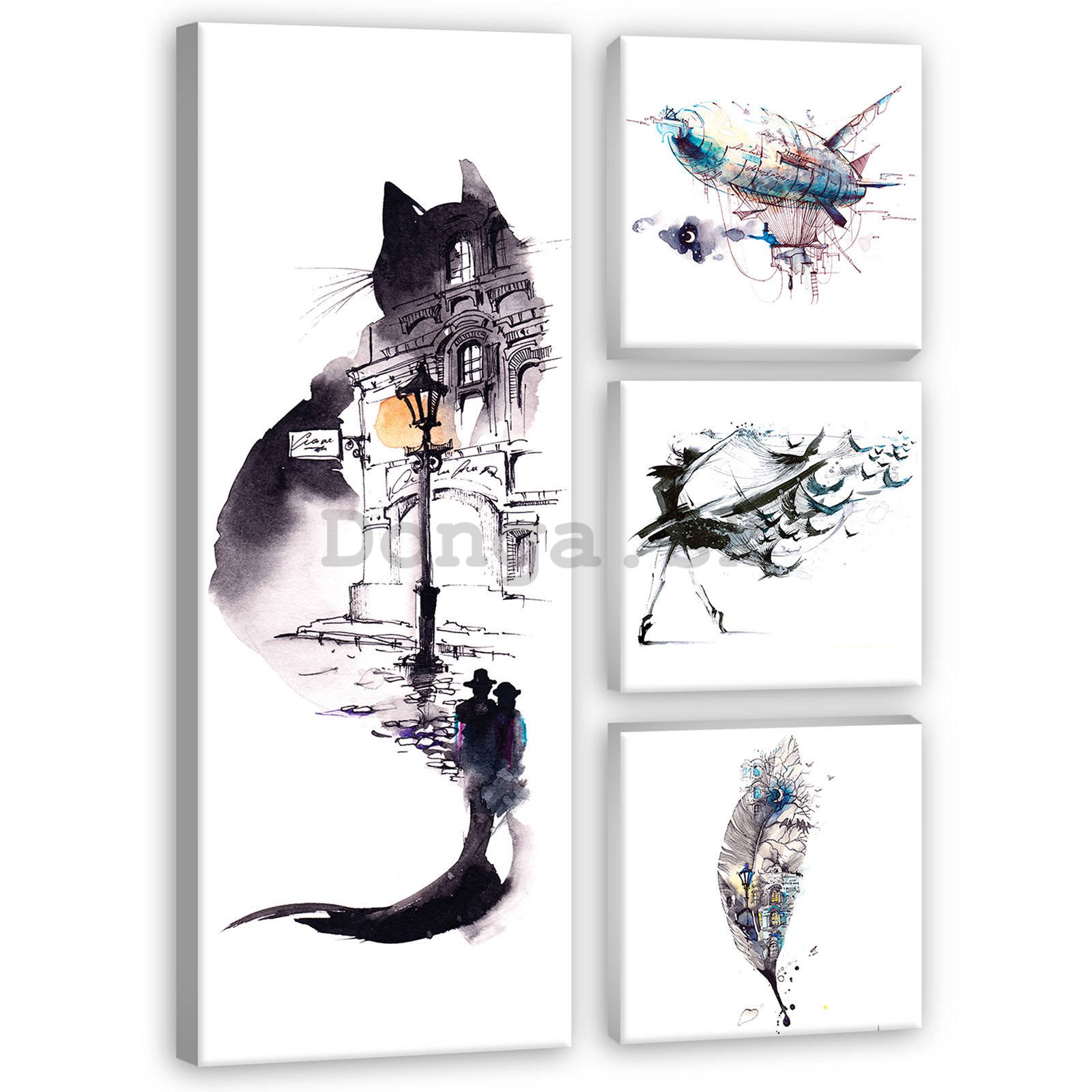 Obraz na plátne: Čiernobiela mačka - set 1ks 80x30 cm a 3ks 25,8x24,8 cm