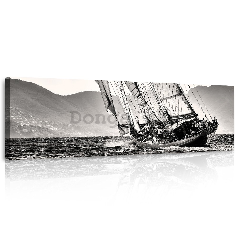 Obraz na plátne: Jachting (čiernobiela plachetnica) - 145x45 cm