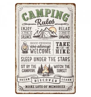 Plechová ceduľa: Camping rules - 30x20 cm