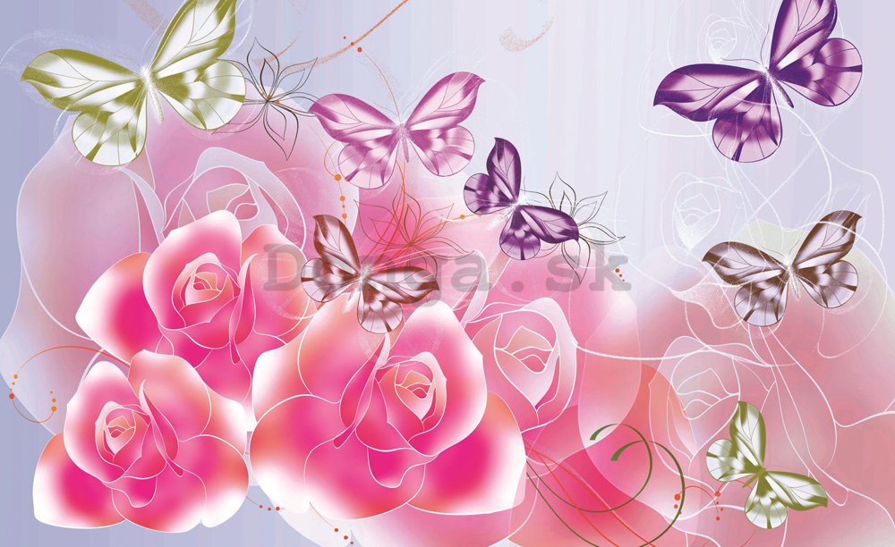 Fototapeta: Ružové ruže a motýle - 254x368 cm