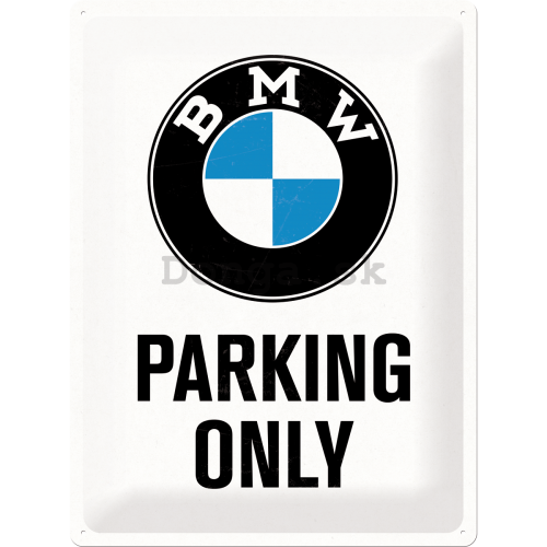 Plechová ceduľa: BMW Parking Only (biela) - 40x30 cm