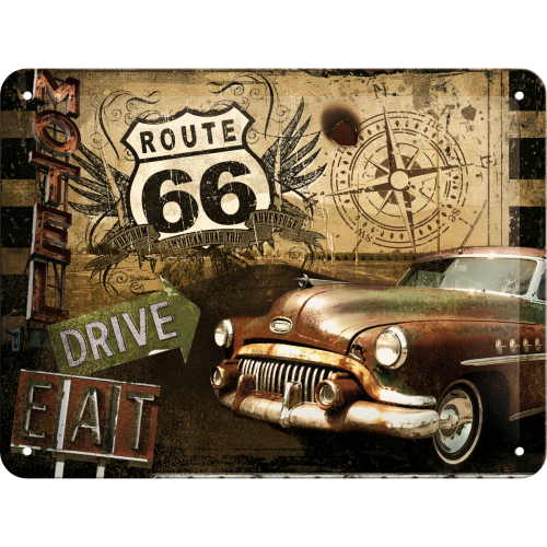 Plechová ceduľa: Route 66 (Drive, Eat) - 15x20 cm