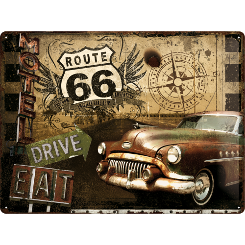 Plechová ceduľa - Route 66 (Drive, Eat)