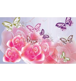 Fototapeta: Ružové ruže a motýle - 184x254 cm