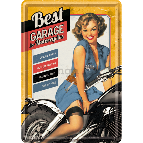 Plechová pohľadnice - Best Garage for Motorcycles (žltá)