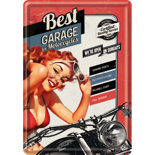 Plechová pohľadnice - Best Garage for Motorcycles (červená)