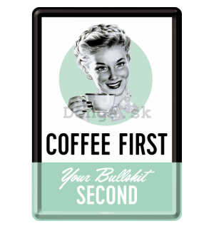Plechová pohľadnice - Coffee First