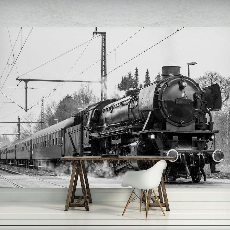 Fototapeta: Parná lokomotíva (čiernobiele) - 254x368 cm