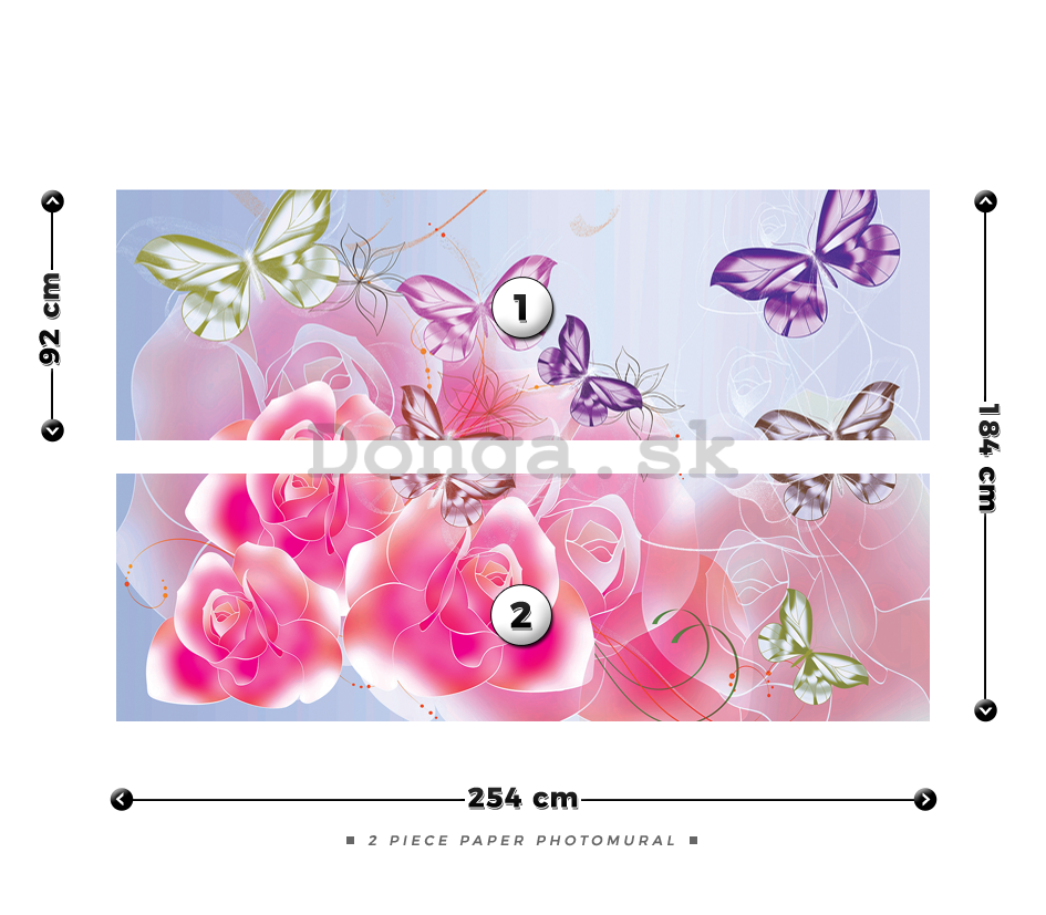 Fototapeta: Ružové ruže a motýle - 184x254 cm