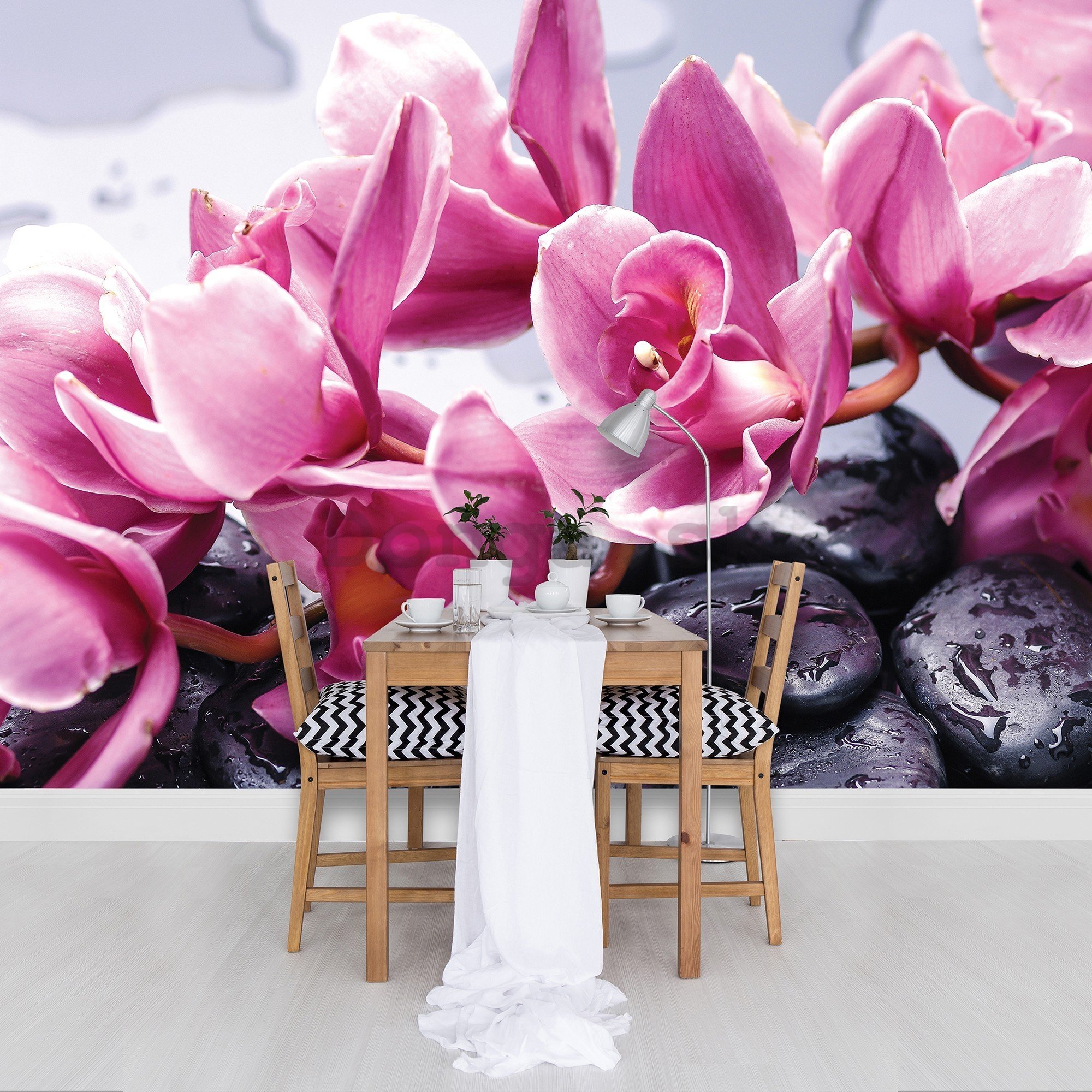 Fototapeta vliesová: Kúpeľné kamene a ružové orchidey - 416x254 cm