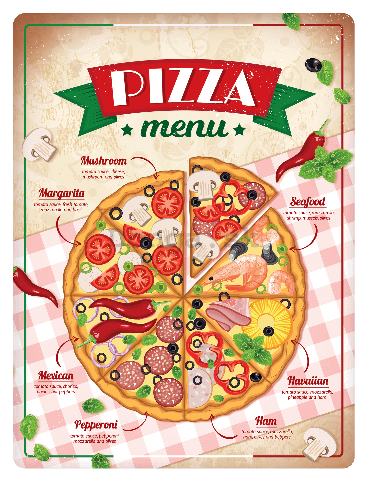 Plechová ceduľa: Pizza menu - 30x40 cm