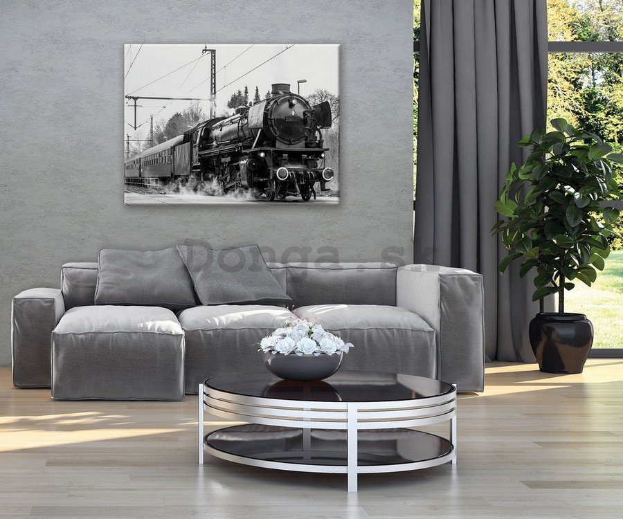 Obraz na plátne: Parná lokomotíva (čiernobiele) - 75x100 cm