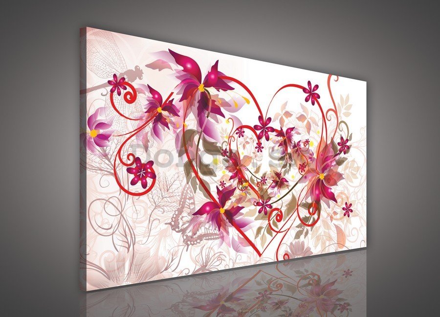 Obraz na plátne: Srdce a abstraktné kvety - 75x100 cm