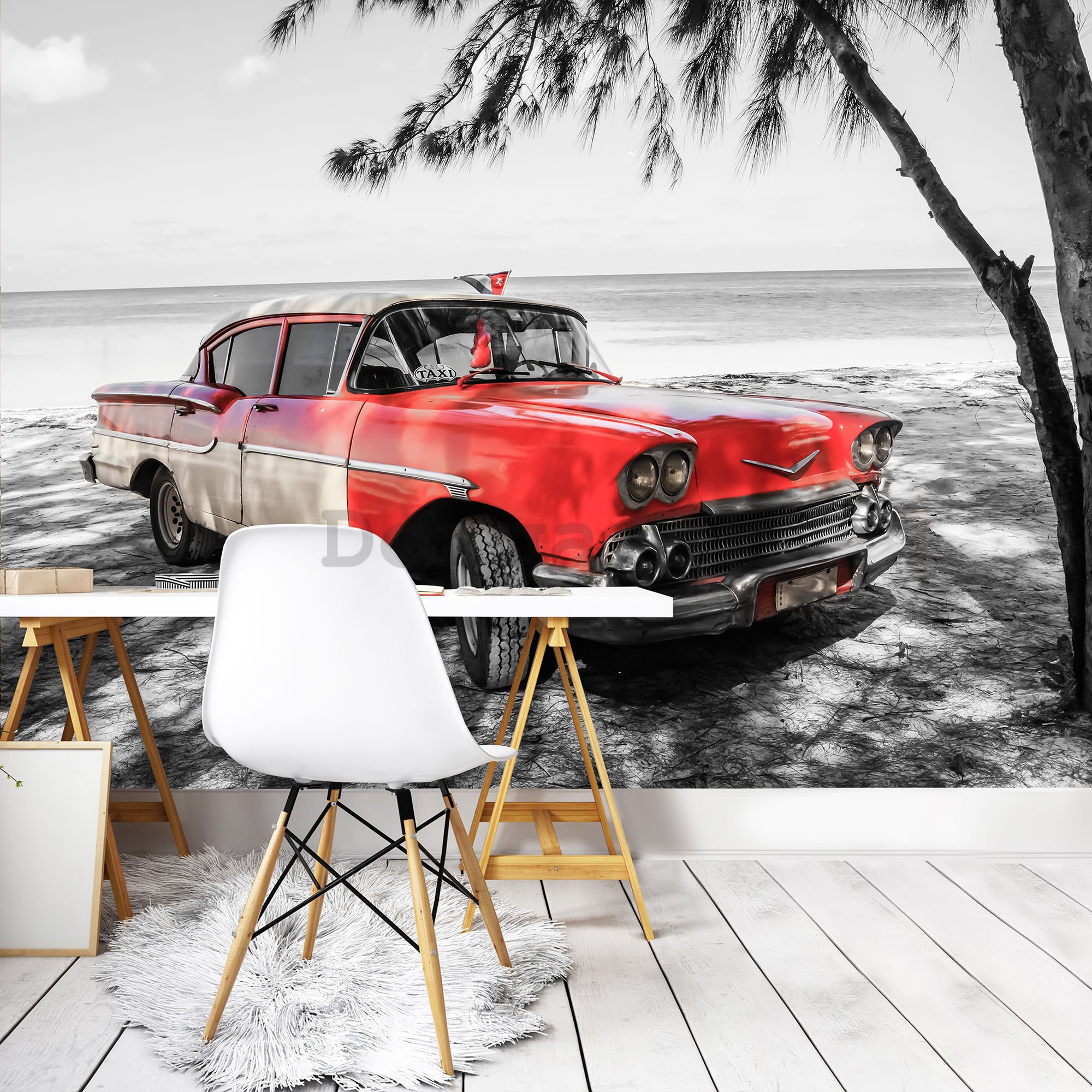 Fototapeta vliesová: Kuba červené auto pri mori - 254x368 cm
