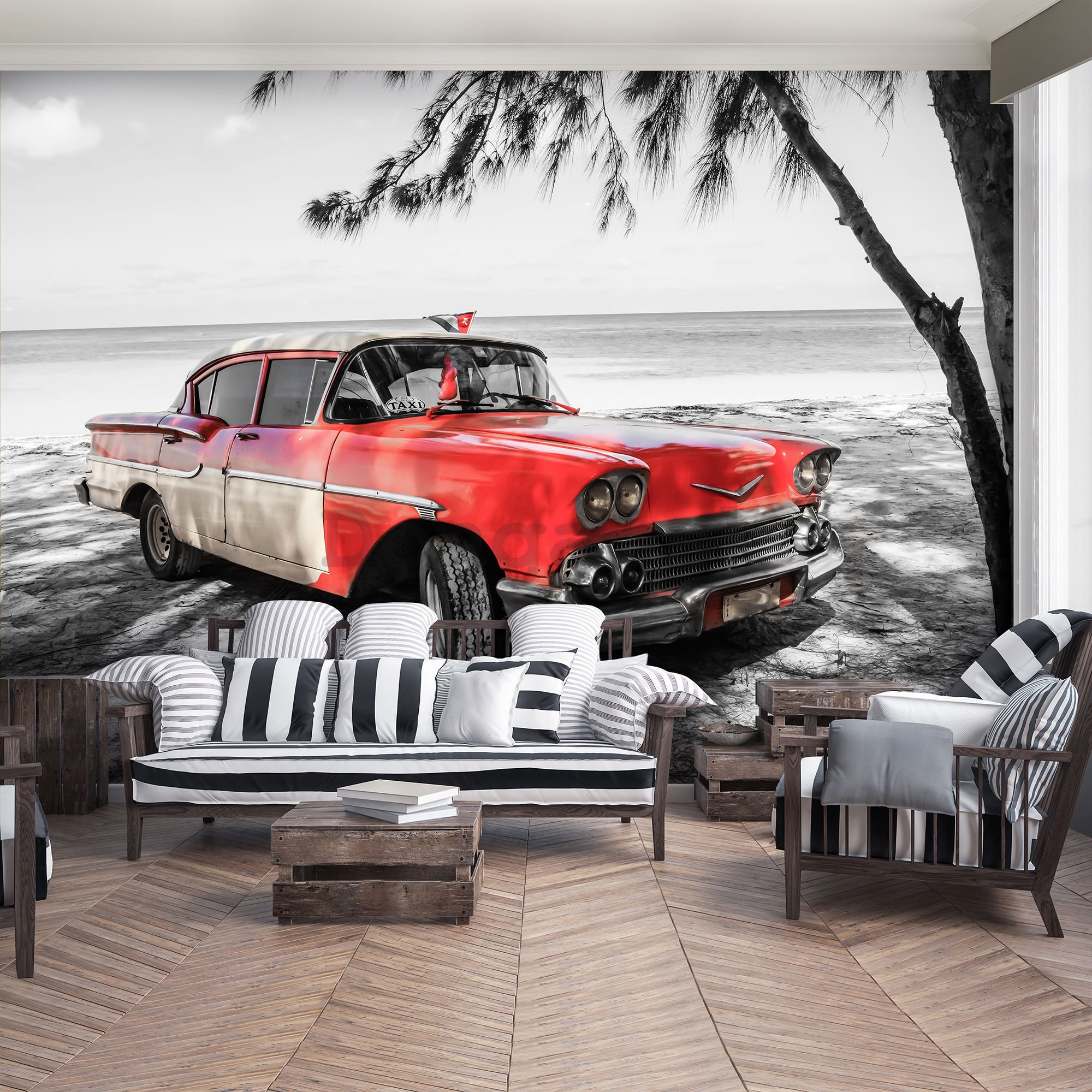 Fototapeta vliesová: Kuba červené auto pri mori - 184x254 cm