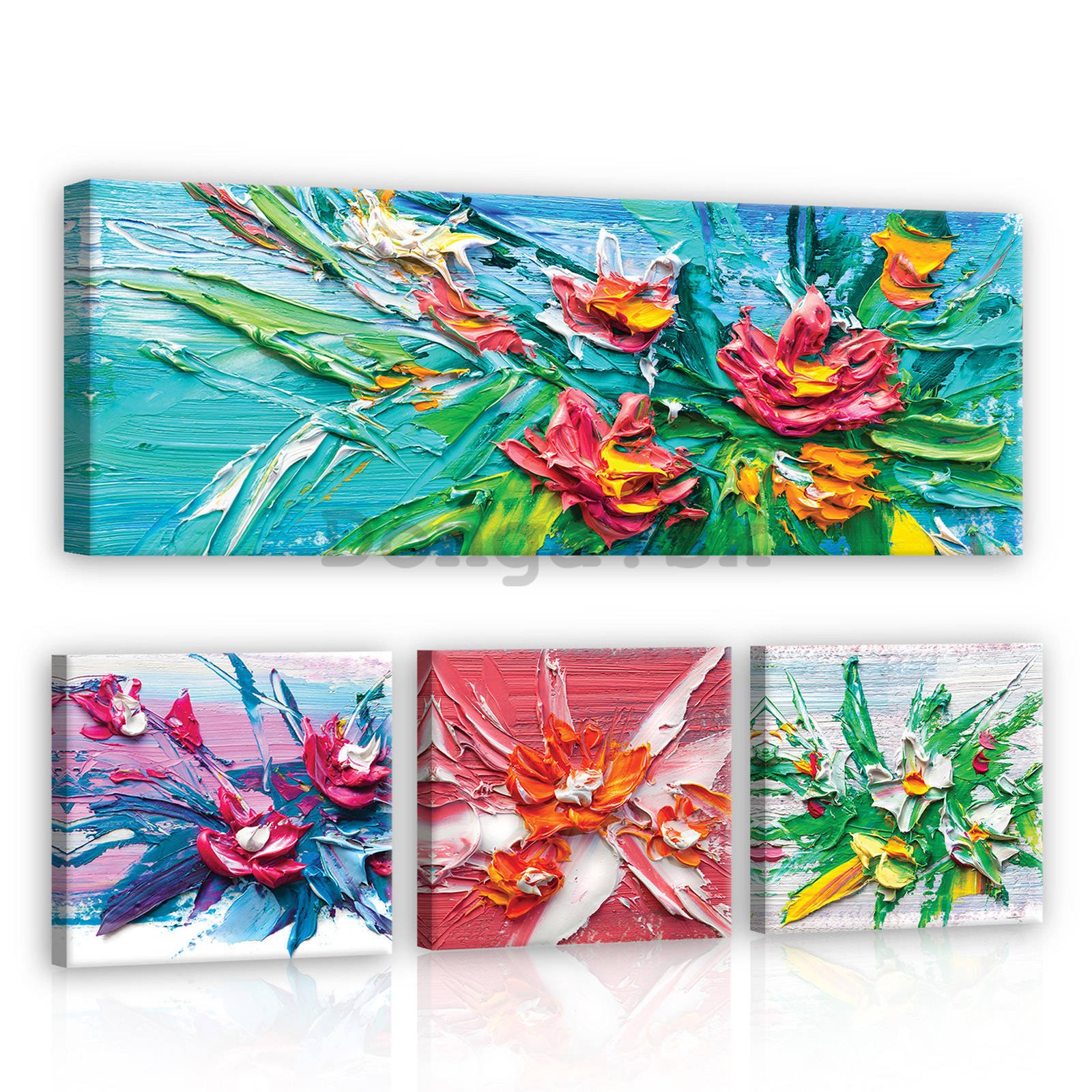 Obraz na plátne: Kvety maľované - set 1ks 80x30 cm a 3ks 25,8x24,8 cm