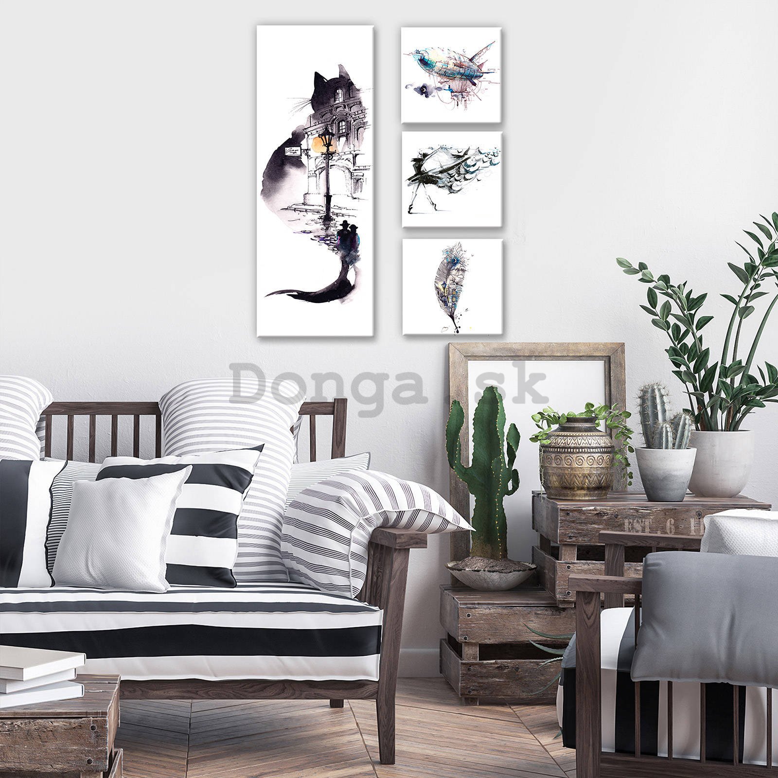 Obraz na plátne: Čiernobiela mačka - set 1ks 80x30 cm a 3ks 25,8x24,8 cm