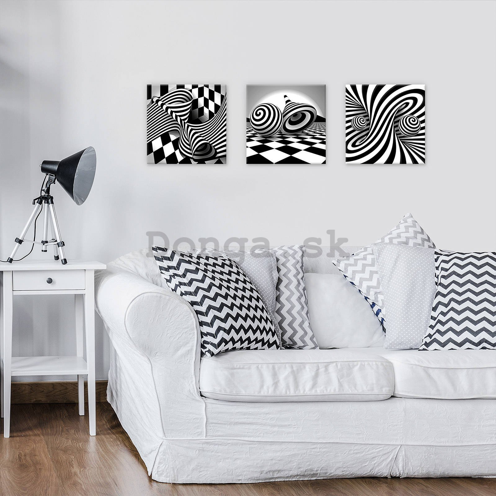 Obraz na plátne: 3D čiernobiele špirály a kocky - set 3ks 25x25cm