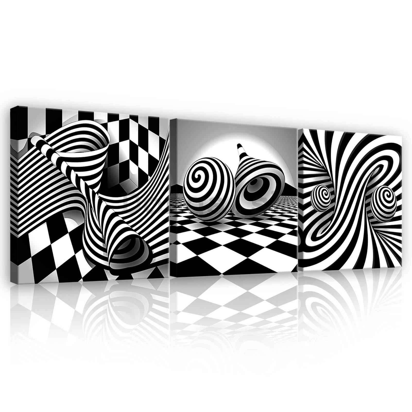 Obraz na plátne: 3D čiernobiele špirály a kocky - set 3ks 25x25cm