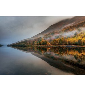 Fototapeta: Jesenné les v hmle a jazero - 368x254cm