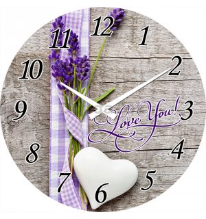 Nástenné sklenené hodiny: Love You! (Levanduľa a srdce) - 30 cm