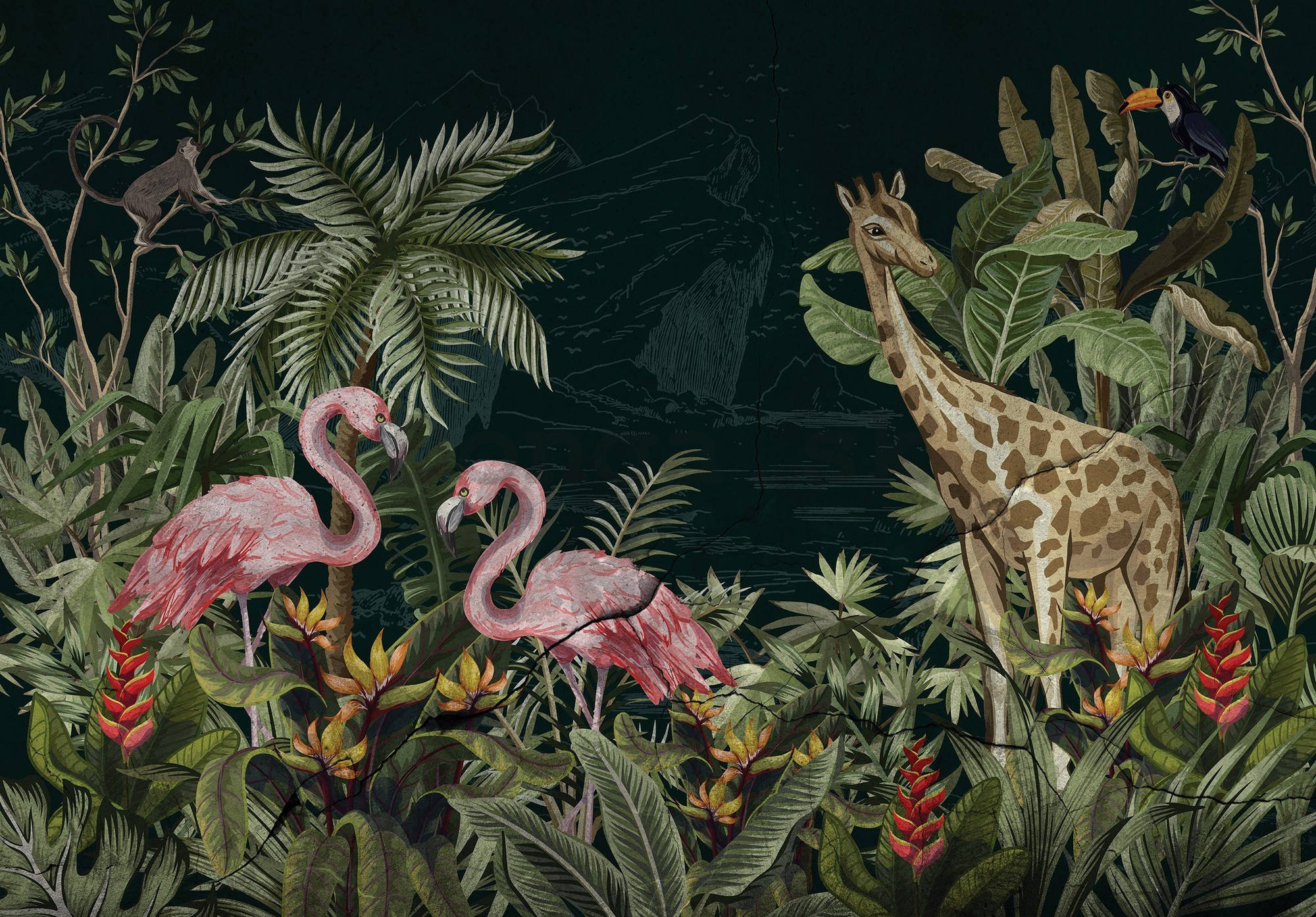 Fototapeta vliesová: Plameňáci a žirafa - 416x254 cm