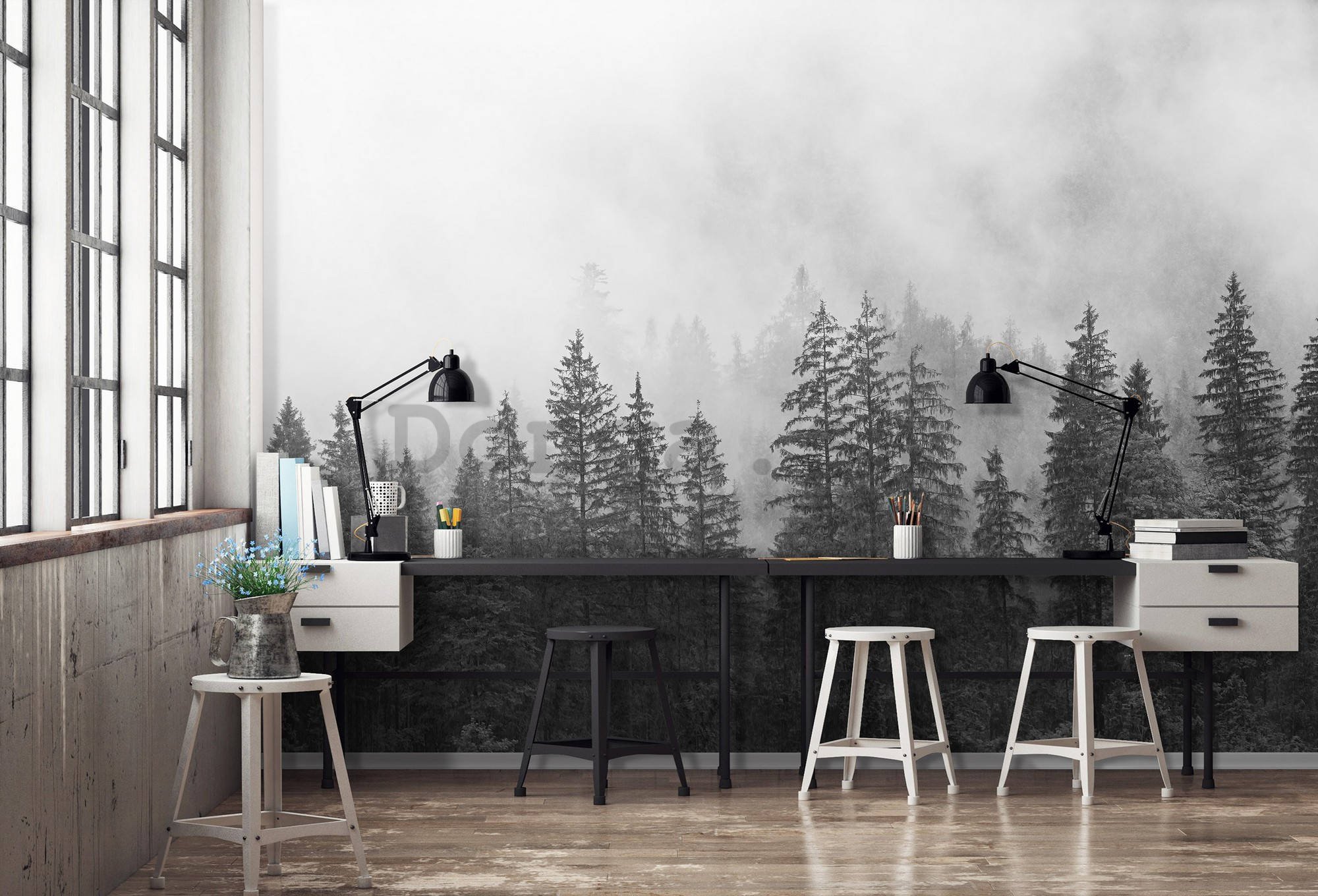 Fototapeta vliesová: Mlha nad černobílým lesem - 416x254 cm