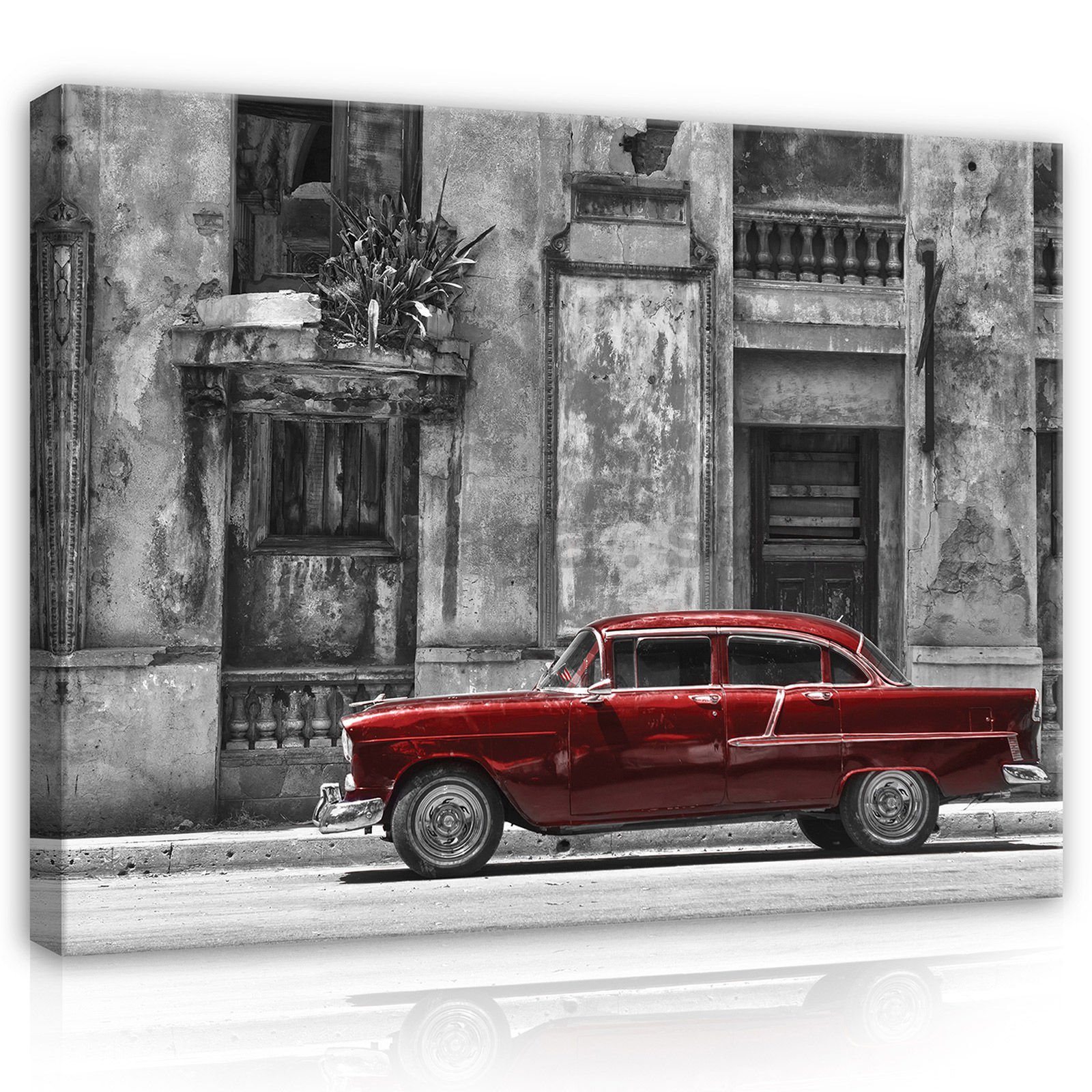 Obraz na plátne: Kubánska ulice červnené auto - 100x75 cm