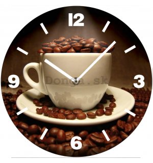 Nástenné sklenené hodiny: Šálka so zrnkovou kávou - 30 cm