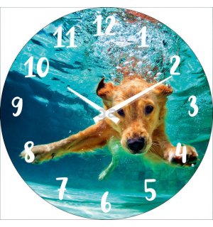 Nástenné sklenené hodiny: Pes pod vodou - 34 cm
