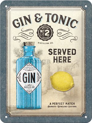 Plechová ceduľa: Gin & Tonic Served Here - 15x20 cm