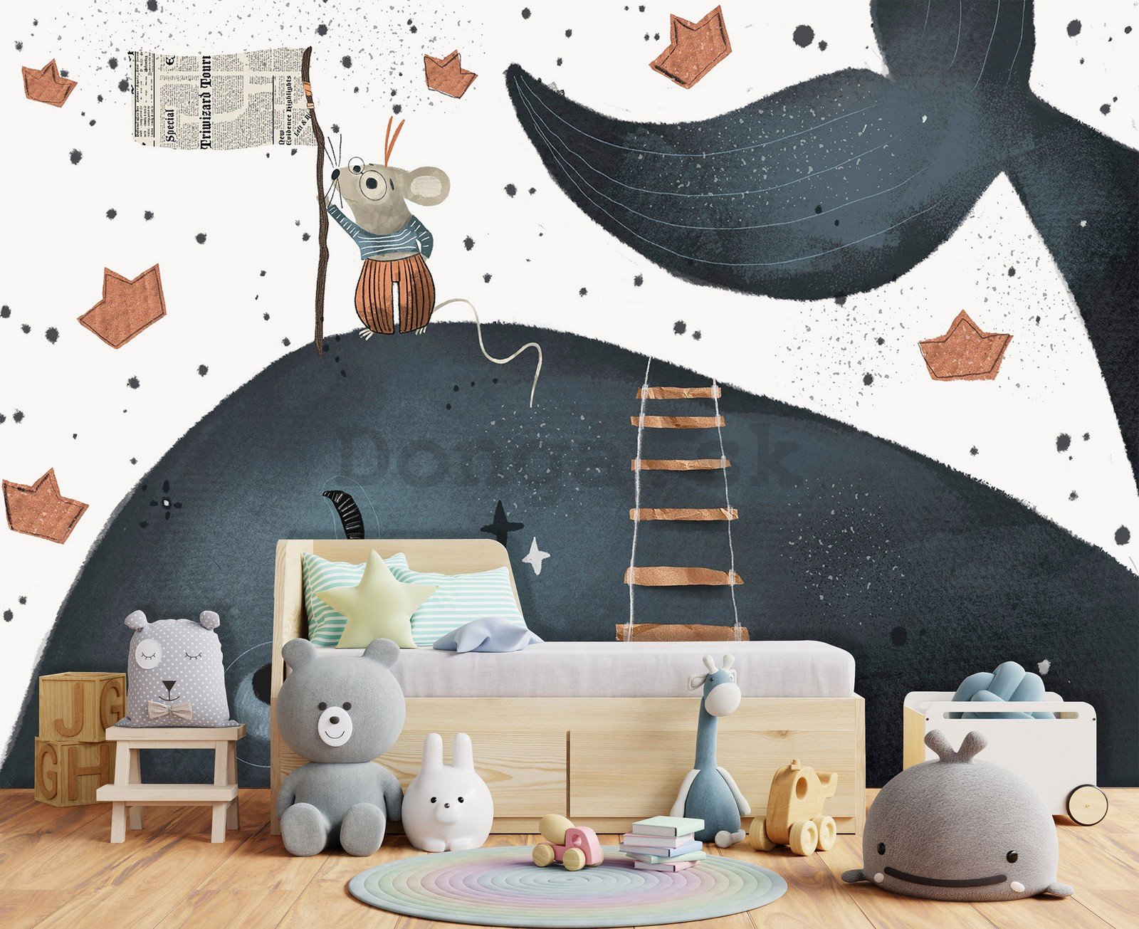 Fototapeta vliesová: Dětská tapeta velryba a myš - 368x254 cm