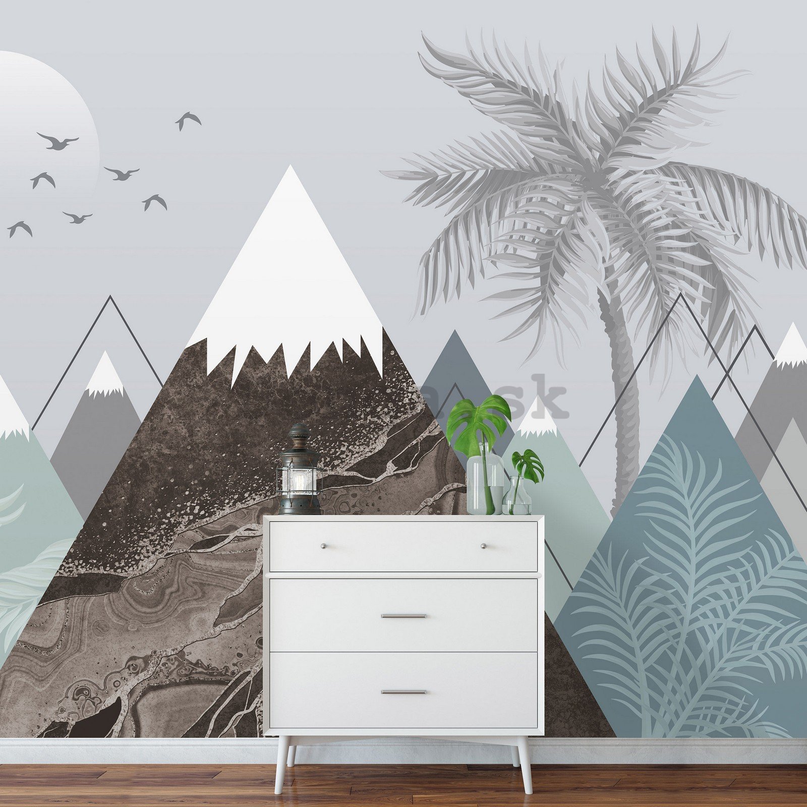Fototapeta vliesová: Skandinávský vzor (hory a palmy) - 254x184 cm