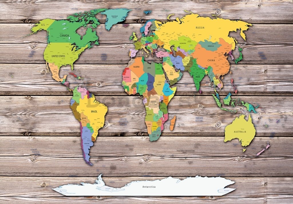 Fototapeta vliesová: Farebná mapa sveta na dreve - 368x280 cm