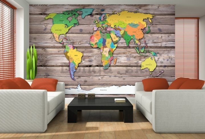Fototapeta vliesová: Farebná mapa sveta na dreve - 368x280 cm