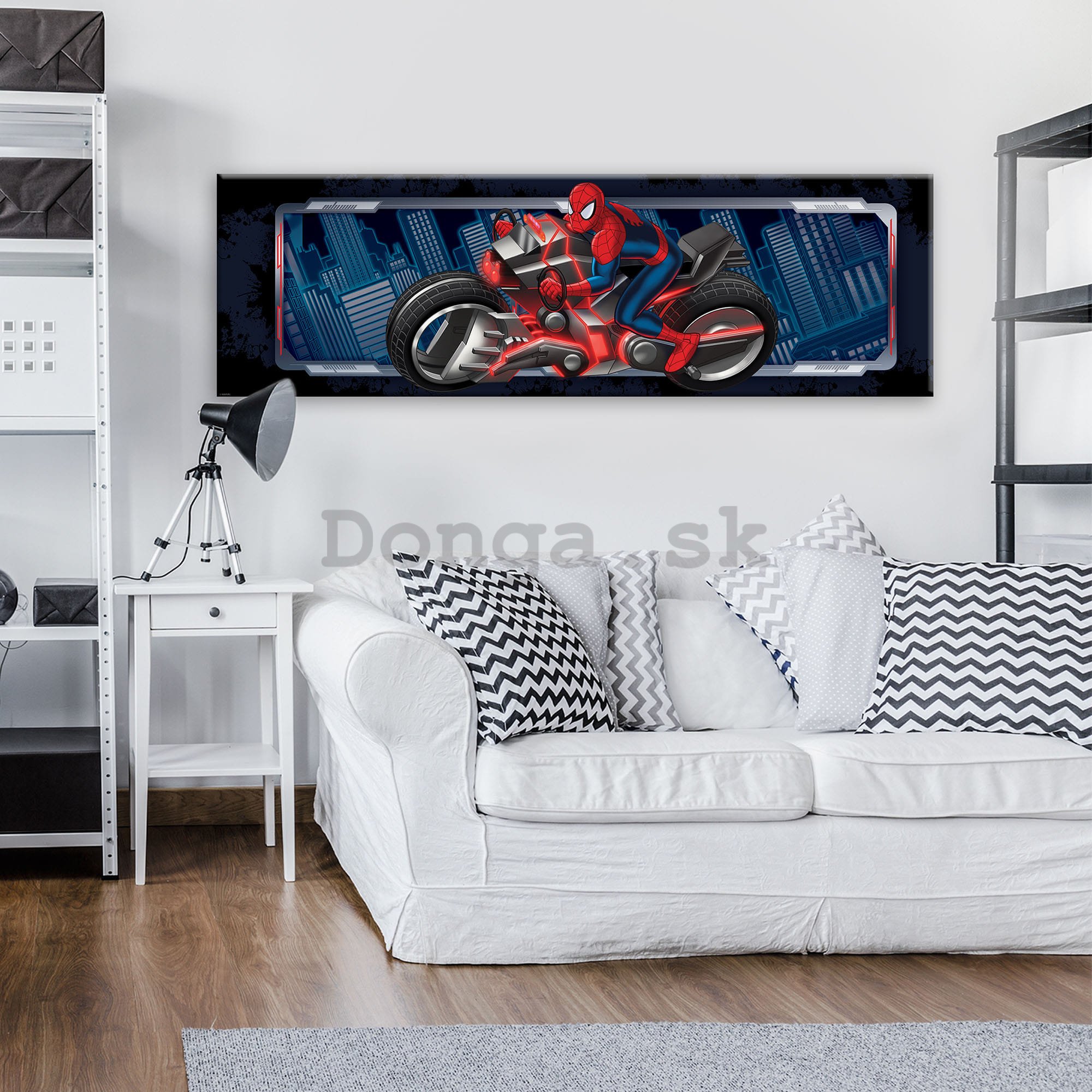 Obraz na plátne: Spiderman a Motorka - 145x45 cm