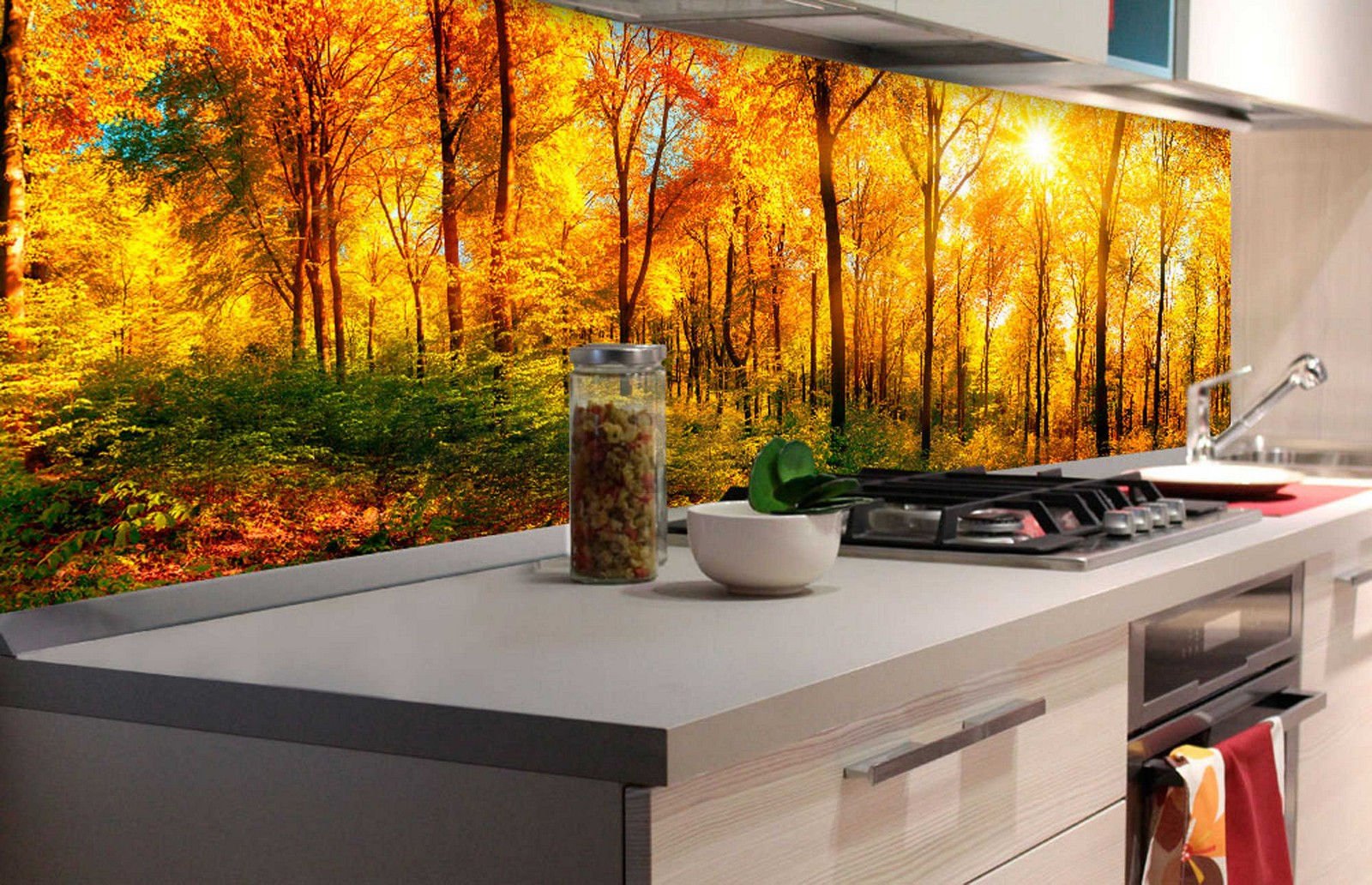 Samolepiaca umývateľná tapeta za kuchynskú linku - Jesenné slnko v lese, 180x60 cm