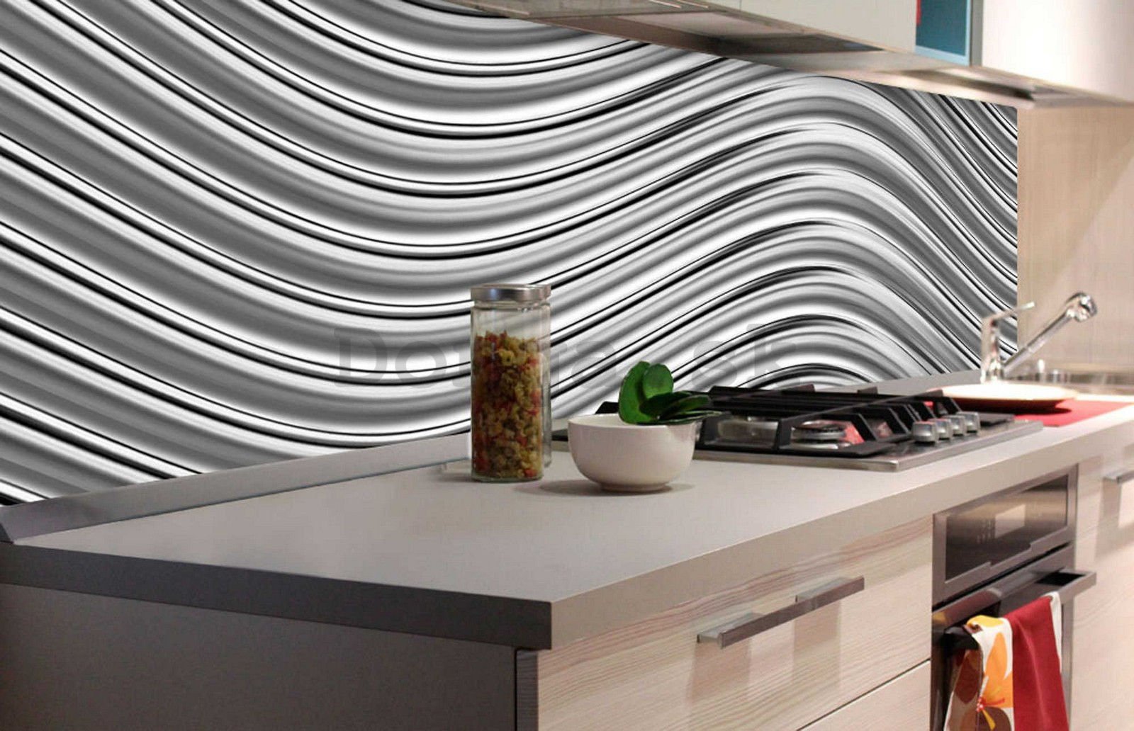 Samolepiaca umývateľná tapeta za kuchynskú linku - Strieborné vlnky, 180x60 cm