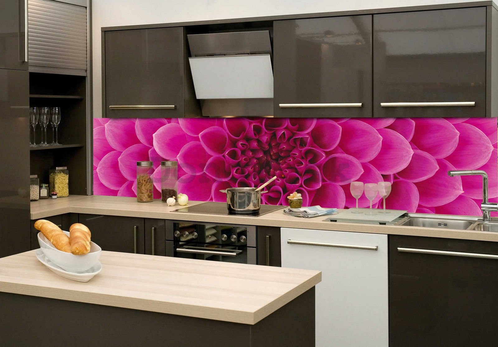 Samolepiaca umývateľná fototapeta za kuchynskú linku - Ružová Dahlia, 260x60 cm