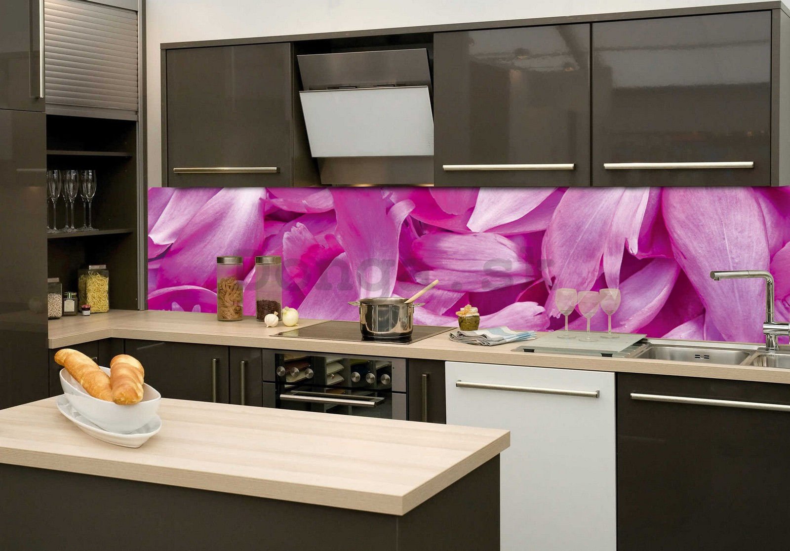 Samolepiaca umývateľná tapeta za kuchynskú linku - Lístky fialiek, 260x60 cm