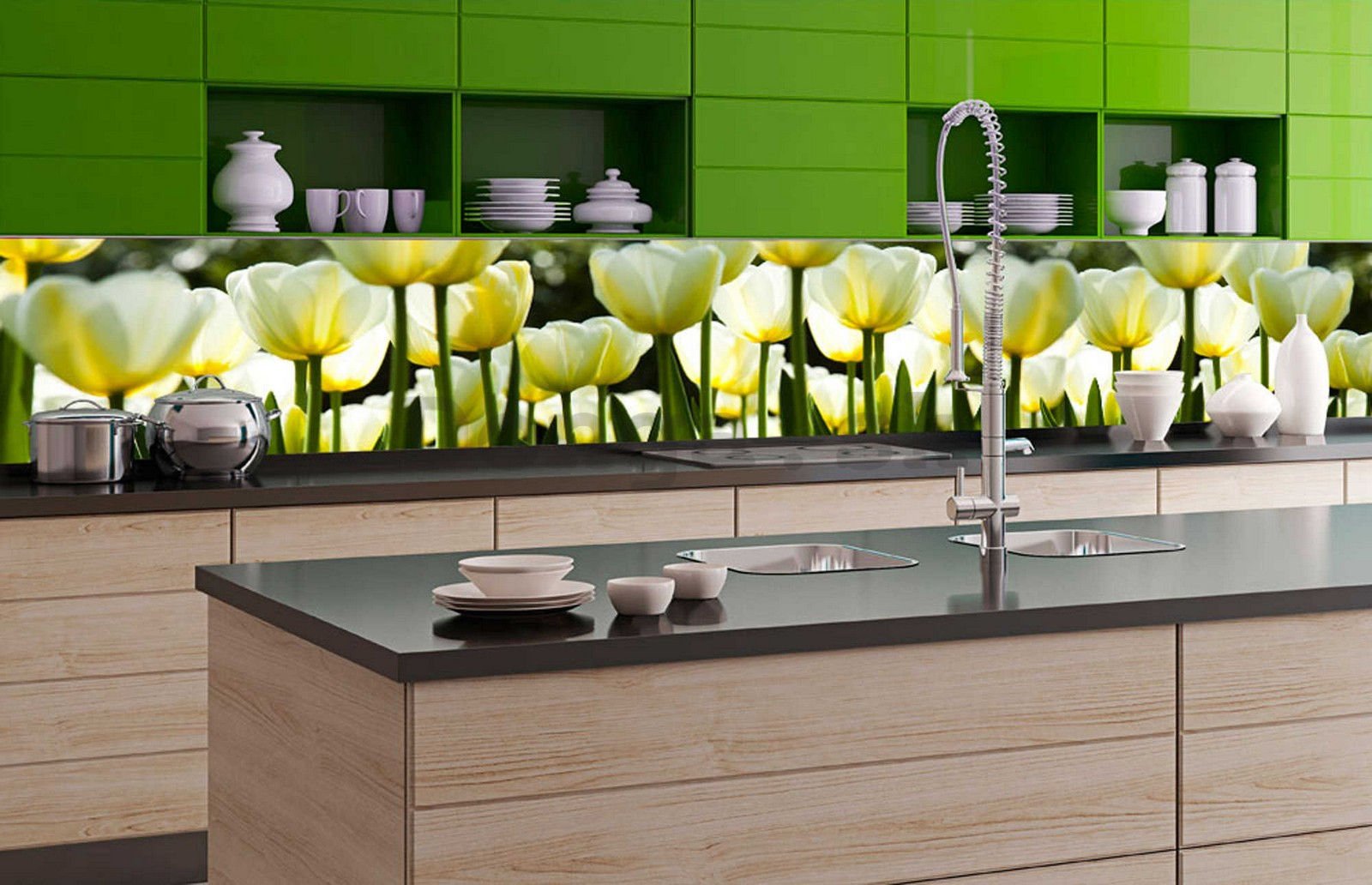 Samolepiaca umývateľná fotofototapeta za kuchynskú linku - Biele tulipány, 350x60 cm