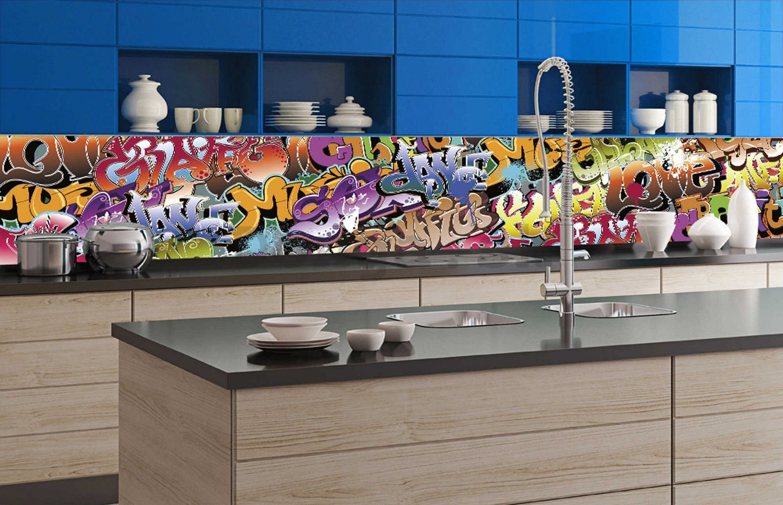 Samolepiaca umývateľná fototapeta za kuchynskú linku - Graffiti, 350x60 cm