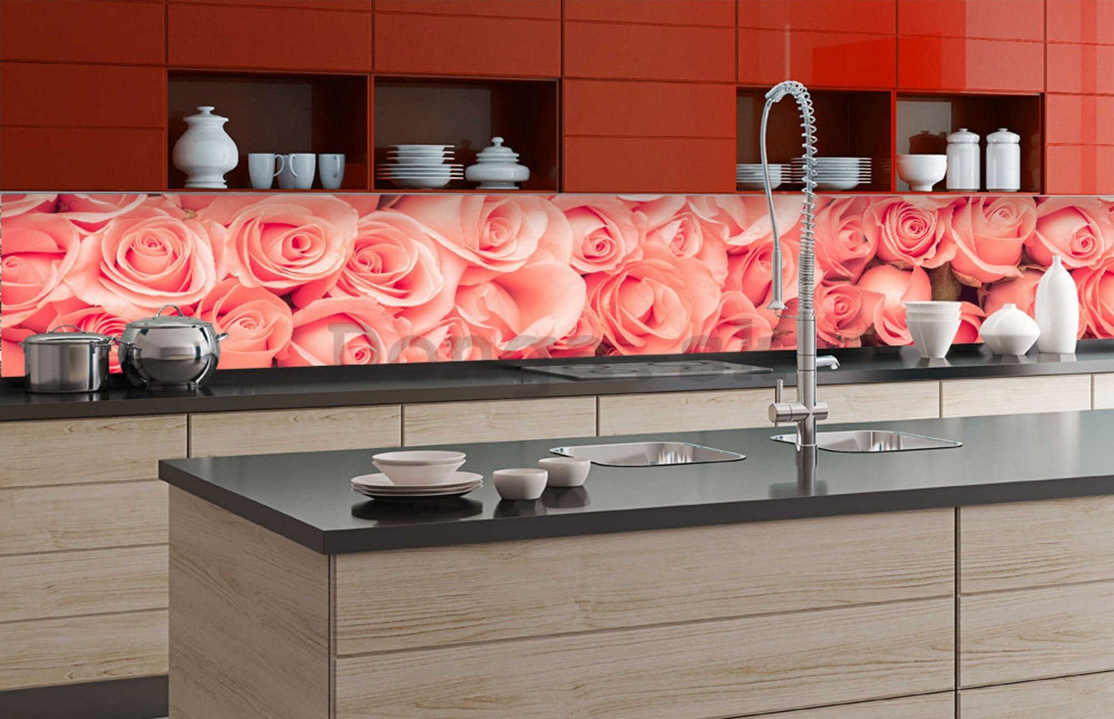 Samolepiaca umývateľná tapeta za kuchynskú linku - Ružové ruže, 350x60 cm