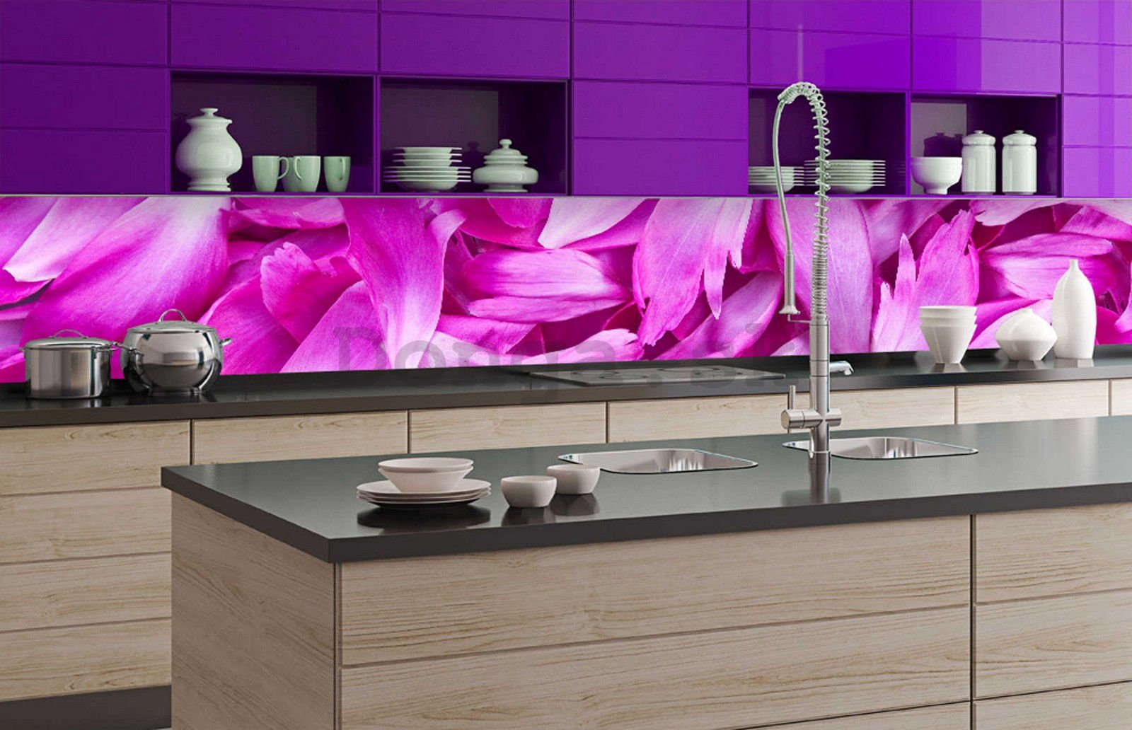 Samolepiaca umývateľná tapeta za kuchynskú linku - Lístky fialiek, 350x60 cm