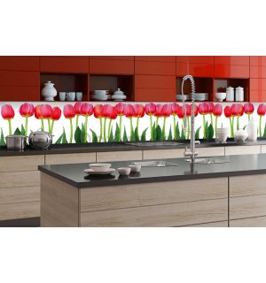 Samolepiaca umývateľná tapeta za kuchynskú linku - Červené tulipány, 350x60 cm
