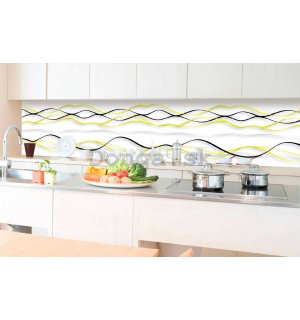 Samolepiaca umývateľná tapeta za kuchynskú linku - Čierne a žlté vlnky, 350x60 cm