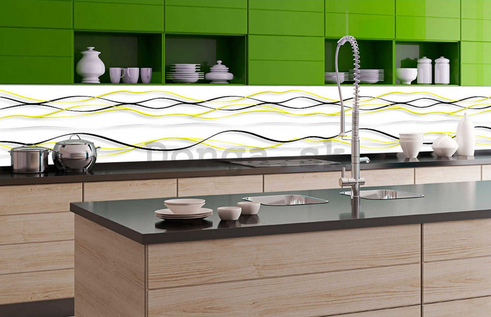 Samolepiaca umývateľná tapeta za kuchynskú linku - Čierne a žlté vlnky, 350x60 cm