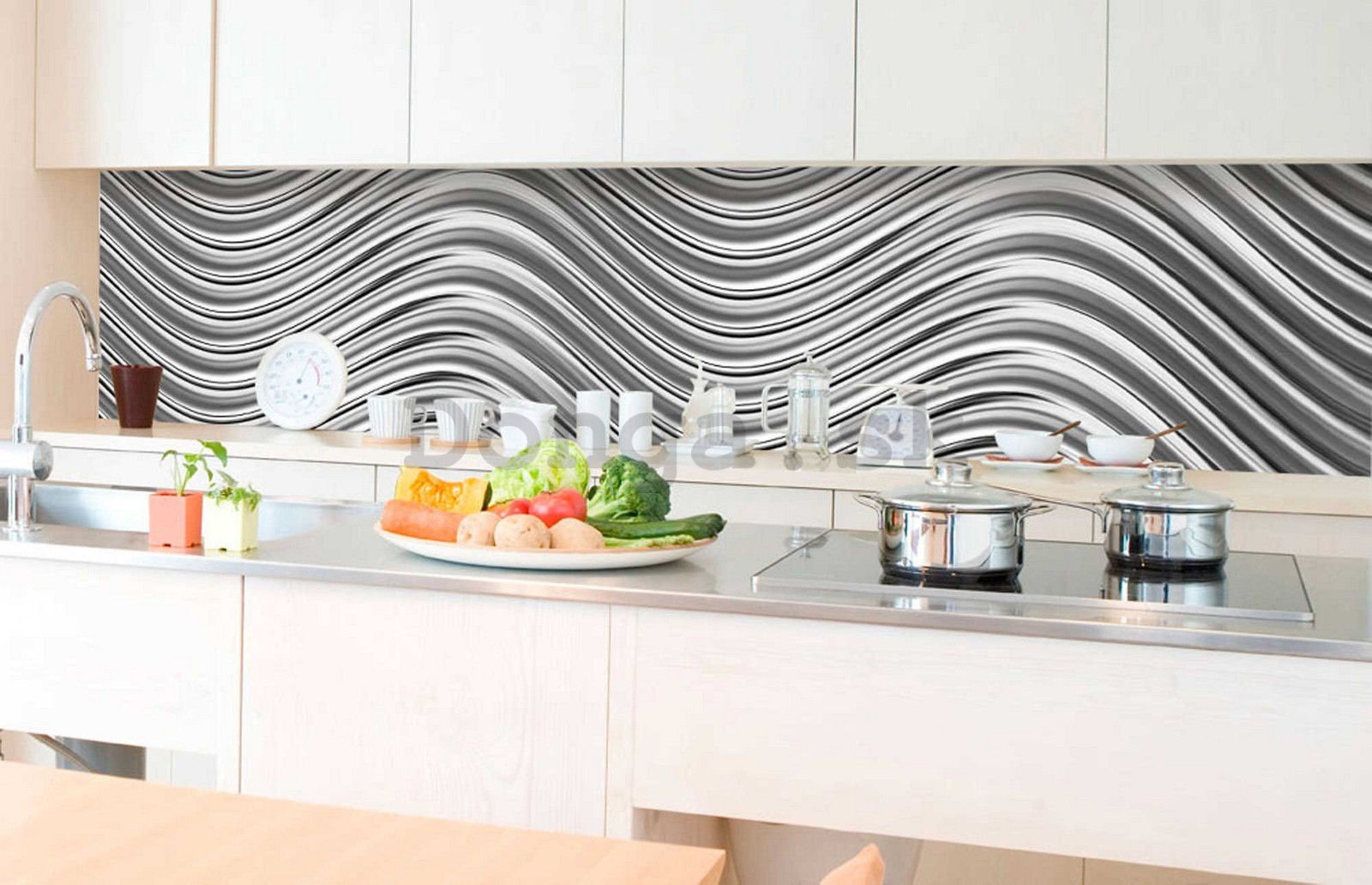 Samolepiaca umývateľná tapeta za kuchynskú linku - Strieborné vlnky, 350x60 cm